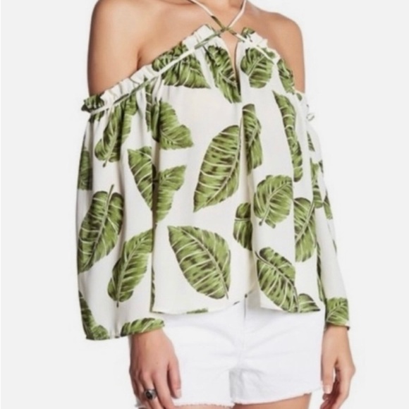 Off Shoulder Tropical Leaf Print Blouse White Green Vacation Top M - Picture 3 of 10